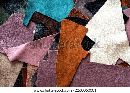 Pieces of multicolored leather, shoemaking, patchwork.