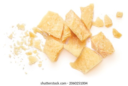 Pieces of parmesan cheese isolated on white background. Parmesan chunks with crumbs  top view - Shutterstock ID 2060251004