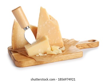 Pieces of Parmesan cheese and knife on white background - Powered by Shutterstock