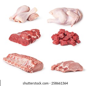 Pieces Of Raw Chicken, Beef And Pork Meat Isolated On White