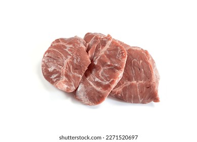pieces of raw pork cheek, isolated on a white background
