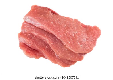 Pieces Of Raw Pork Meat Isolated On White Background. Top View