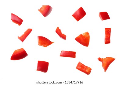 pieces of red sweet bell pepper isolated on white background. top view