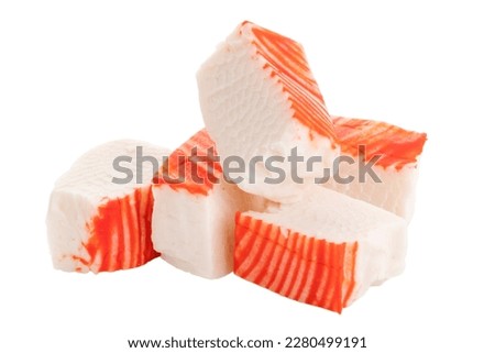 Pieces of red-white crab meat isolated on a white background. 