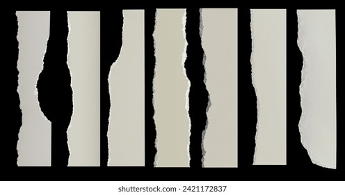 pieces of set paper with realistic texture. Set of white torn or ripped paper sheet on Black background with texture edges