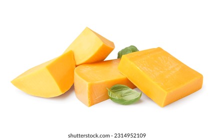 Pieces of tasty cheddar cheese on white background - Shutterstock ID 2314952109