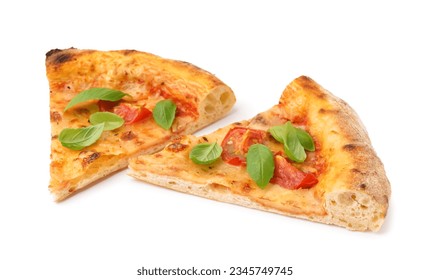 Pieces of tasty pizza Margarita with tomatoes and basil on white background - Powered by Shutterstock