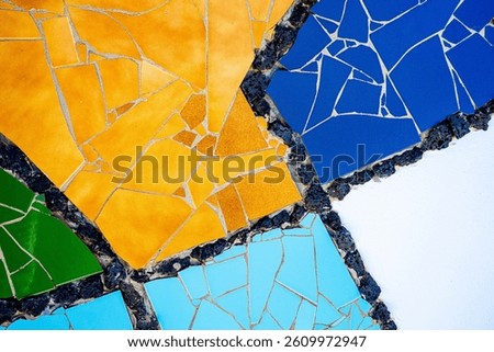 Pieces of tiles of different patterns and bright colors forming abstract figures. Pieces of tiles of different patterns and bright colors forming abstract figures, Cesar Manrique.