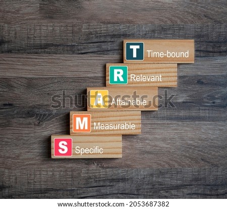 Pieces of wood with SMART, specific, measurable, attainable, recorded, time-bound on wooden background