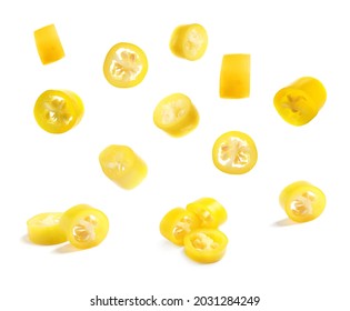 Pieces of yellow chili peppers on white background  - Powered by Shutterstock