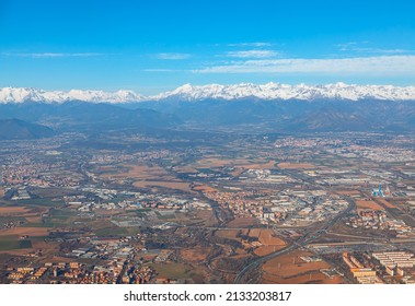 Piedmont Suburbia Of Turin . Scenery Of Alps And City In Italy 