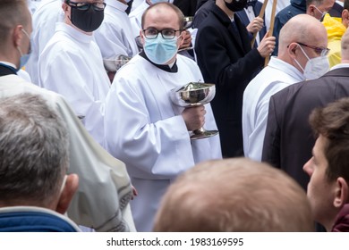 Piekary Sl, Poland, May 30, 2021: Pilgrimage Of Men And Young People To The Sanctuary Of Mary, Mother Of Love And Social Justice In Piekary Slaskie During The Covid-19 Coronovirus Pandemic