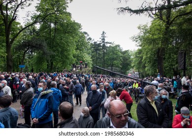 Piekary Sl, Poland, May 30, 2021: Pilgrimage Of Men And Young People To The Sanctuary Of Mary, Mother Of Love And Social Justice In Piekary Slaskie During The Covid-19 Coronovirus Pandemic