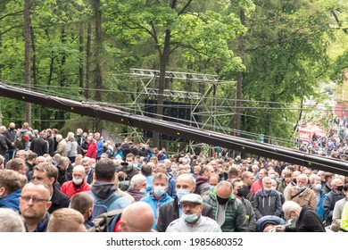 Piekary Sl, Poland, May 30, 2021: Pilgrimage Of Men And Young People To The Sanctuary Of Mary, Mother Of Love And Social Justice In Piekary Slaskie During The Covid-19 Coronovirus Pandemic