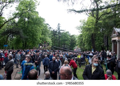 Piekary Sl, Poland, May 30, 2021: Pilgrimage Of Men And Young People To The Sanctuary Of Mary, Mother Of Love And Social Justice In Piekary Slaskie During The Covid-19 Coronovirus Pandemic