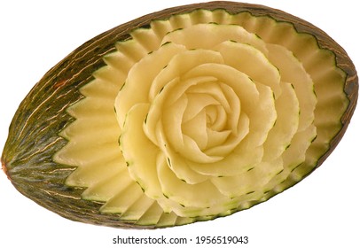 Piel de Sapo green carved melon with rose 