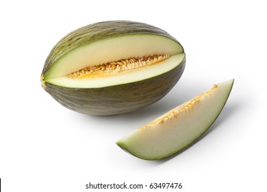 Piel de sapo melon and a slice isolated on white background