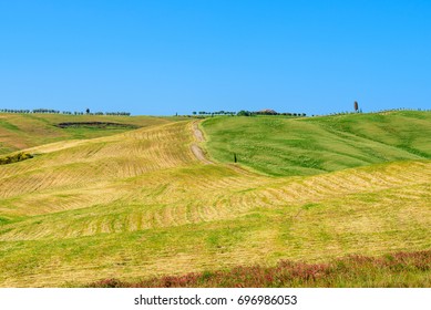 PIENZA, ITALY - MAY 21, 2017 - View of idyllic nature of the Natural Area of Val d'Orcia, Tuscany in spring season. - Shutterstock ID 696986053