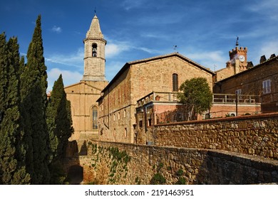 Pienza, Siena, Tuscany, Italy: cityscape of the old town with the ancient buildings and bell tower of the renaissance cathedral

