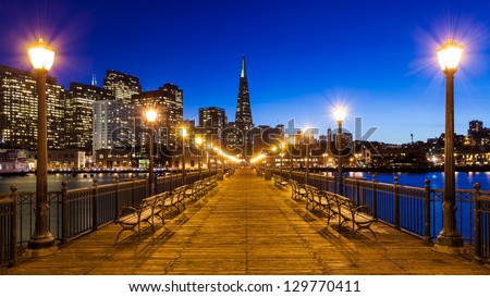 Pier 7 panorama in San Francisco at night.