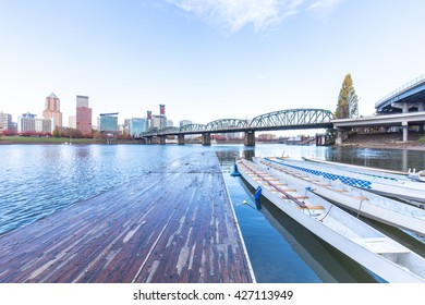 pier with boats,cityscape and skyline of portland