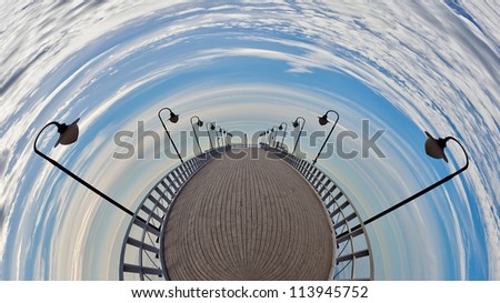 Similar – wooden platform with blue posts with ropes and orange lifebuoys on the background of the sea and sky with clouds Egypt Dahab South Sinai