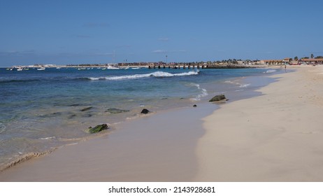 Pier On Atlantic Ocean In African Santa Maria Town, Sal Island In Cape Verde Clear Blue Sky In 2019 Warm Sunny Spring Day On April