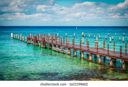 Pier On The Caribbean Sea, Cozumel, Mexico. Snorkeling Spot.