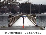 The pier on Case Inlet in Allyn, WA, USA with a dusting of snow and seagulls lining the railing.