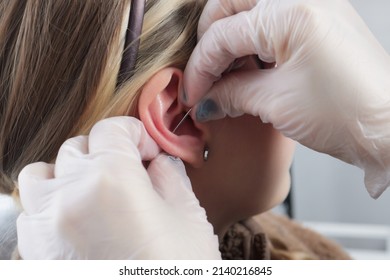 Piercings On An Ear. Conch And Helix Piercings Close Up.