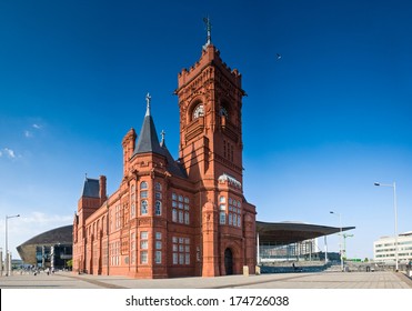 Pierhead building (1897) familiar landmark of the stunning Cardiff Bay. Millennium Centre and Welsh Assembly building behind.