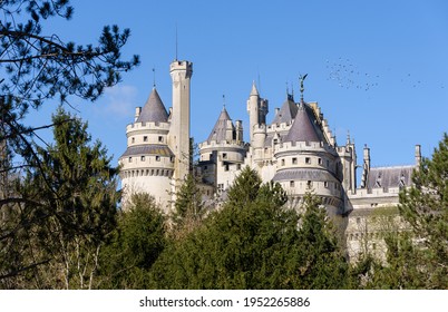 PIERREFONDS, FRANCE - APRIL 7, 2021: The Medieval Castle Of Pierrefonds Is An Imposing Fortress Located At The Edge Of The Forest Of Compiègne, Classified As A Historical Monument Since 1862.