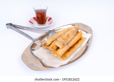 Pies And Tea In Tray On White Background