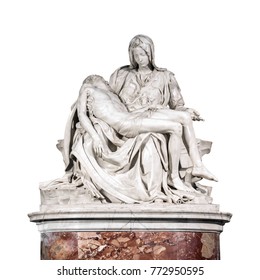 The Pieta, a work of Renaissance sculpture by Michelangelo Buonarroti isolated on white background. Famous work of art depicts the body of Jesus on the lap of his mother Mary after the Crucifixion 
