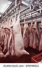 Pig Carcasses Cut In Half Stored In Refrigerator Room Of Food Processing Plant, Toned Image