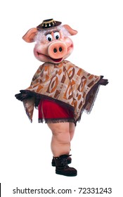 Pig mascot costume dance in poncho isolated