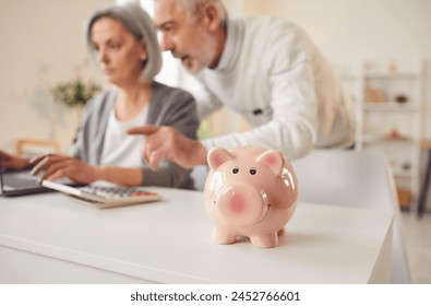 Pig money saving, piggy bank safe box close up, senior couple calculating, count total budget amount. Older adults learn how to interact with laptop online payment, finance, credit, transaction - Powered by Shutterstock