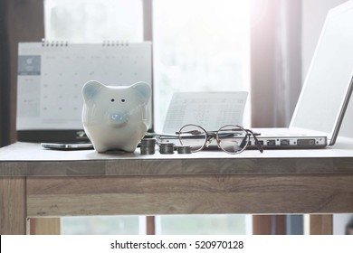 Pig Piggy Bank, Coins, Bank Book, Notebook, Desktop Concept Of Saving Money.