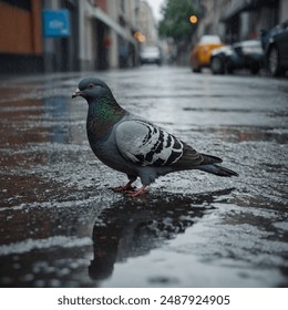 A pigeon drinking water from a puddle on a rainy day - Powered by Shutterstock