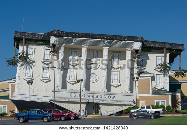 Pigeon Forge, Tennessee,USA -\
May 15,2019:  Wonderworks upside down building in Pigeon\
Forge.