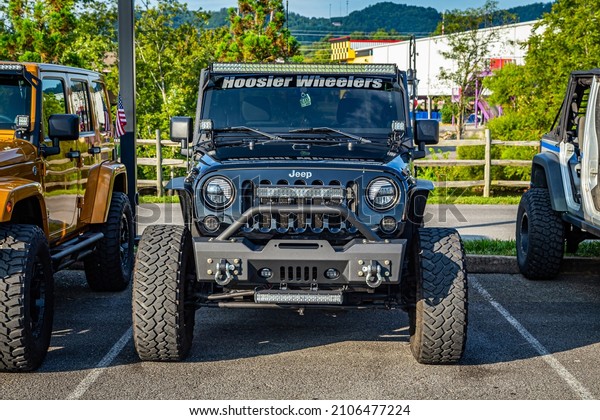Pigeon Forge, TN -\
August 25, 2017: Modified Off Road Jeep Wrangler JK Sport at a\
local enthusiast rally.