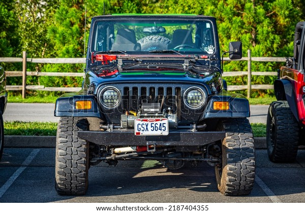 Pigeon Forge, TN -
August 25, 2017: Modified Off Road Jeep Wrangler TJ Soft Top at a
local enthusiast rally.