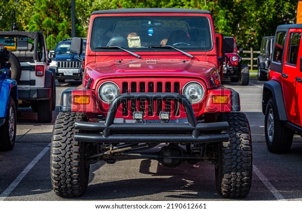 Pigeon Forge, TN - August 25,\
2017: Modified Jeep Wrangler TJ Soft Top at a local enthusiast\
rally.