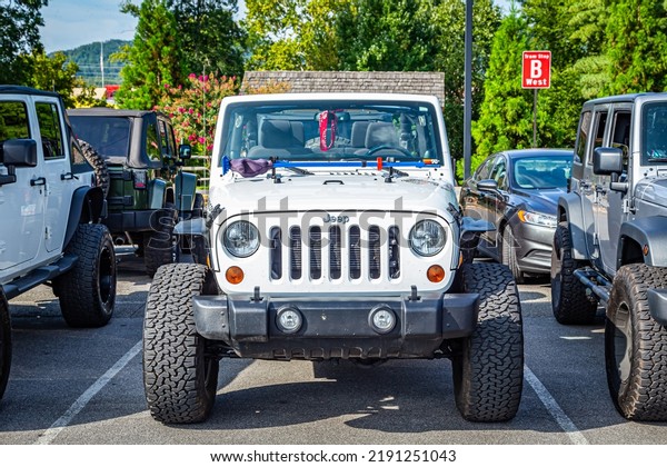 Pigeon Forge, TN -\
August 25, 2017: Modified Jeep Wrangler Rubicon JK Soft Top at a\
local enthusiast rally.