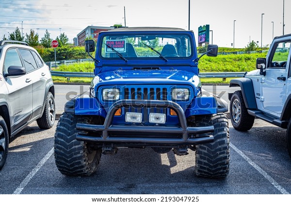 Pigeon Forge, TN -\
August 25, 2017: Modified Jeep Wrangler Sport YJ Soft Top at a\
local enthusiast rally.
