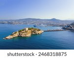 Pigeon Island with a Pirate castle. Kusadasi harbor, Aegean coast of Turkey. Aerial view