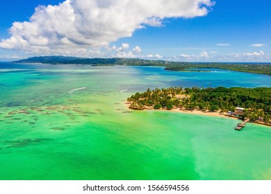 Pigeon Point, Tobago, Trinidad and Tobago, Caribbean, West Indies, small beach in Trinidad and Tobago with an amazing lagoon, aerial panorama view.