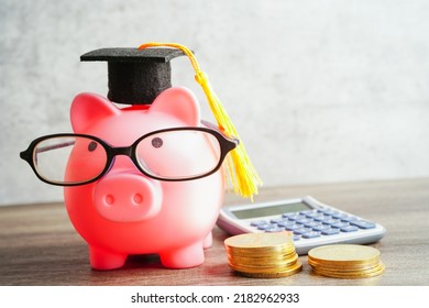 Pigging Bank Wearing Eyeglass With Coins And Calculator; Saving Bank Education Concept.