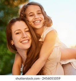 Piggy back, garden and mother with girl, portrait and bonding together with smile, sunshine and nature. Face, single parent or mama carry daughter with fun in backyard, playing or vacation with break - Powered by Shutterstock