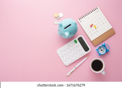 Piggy Bank, Calculator, Calendar, Clock And Coin On Pink Background, Saving Money Concept, Flat Lay